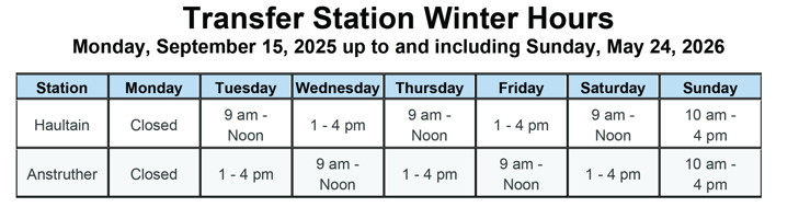 Transfer Station Winter Hours 2025-2026